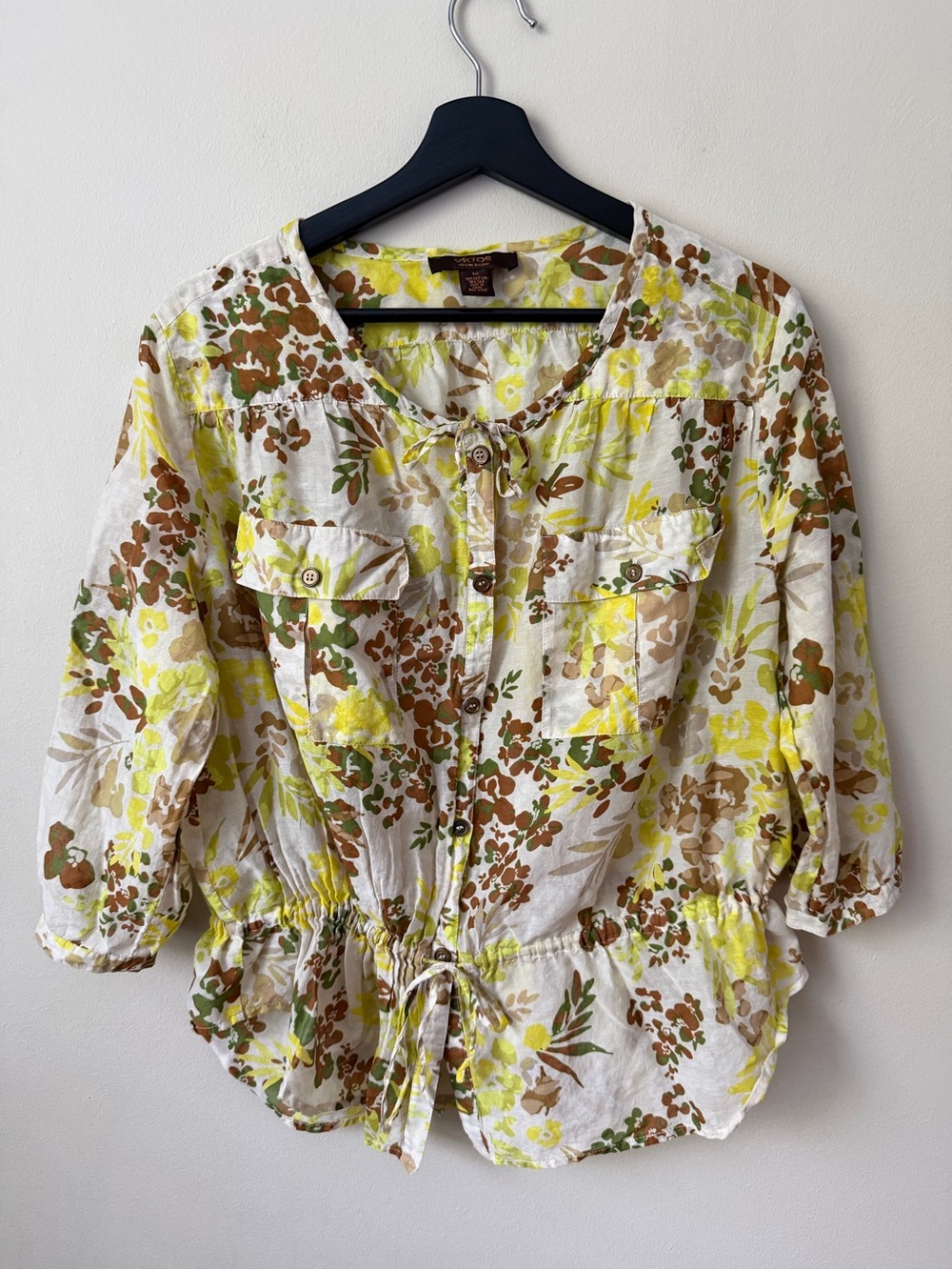 VTG Victor Alfaro Silk Cotton Floral Peasant Blouse Drawstring Waist M
